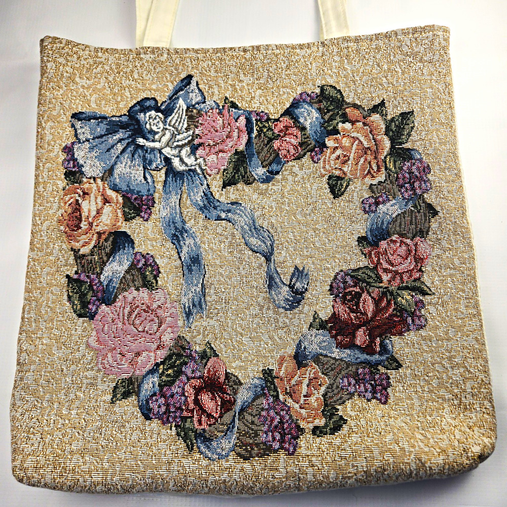 Lena Liu Tapestry Wreath of Roses with Ribbon 15x14x2 in Cotton Tote Bag, Lined